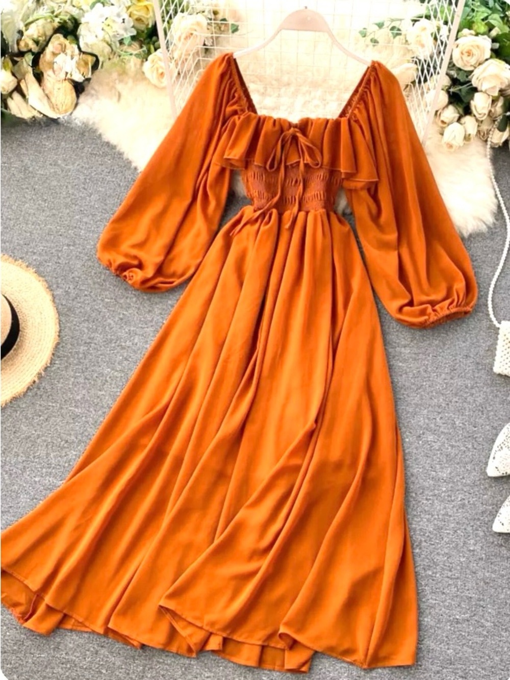 Sunset Orange Long Sleeve Maxi Dress with Smocked Waist
